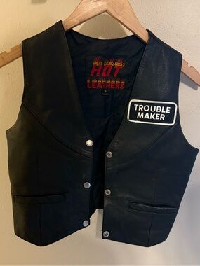 HOT LEATHERS Kids Black Leather Vest with 'Trouble Maker' Patch